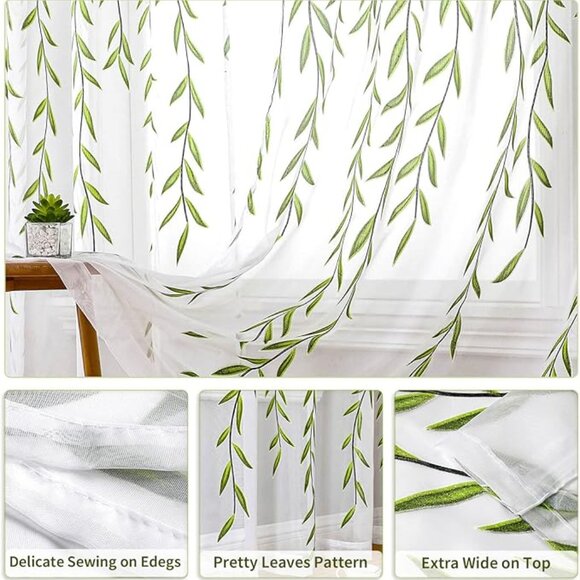 Set of 2 Green Sheer Curtains Printed Sheer Bedroom Curtains 2 Panels 78 inches - Picture 5 of 5